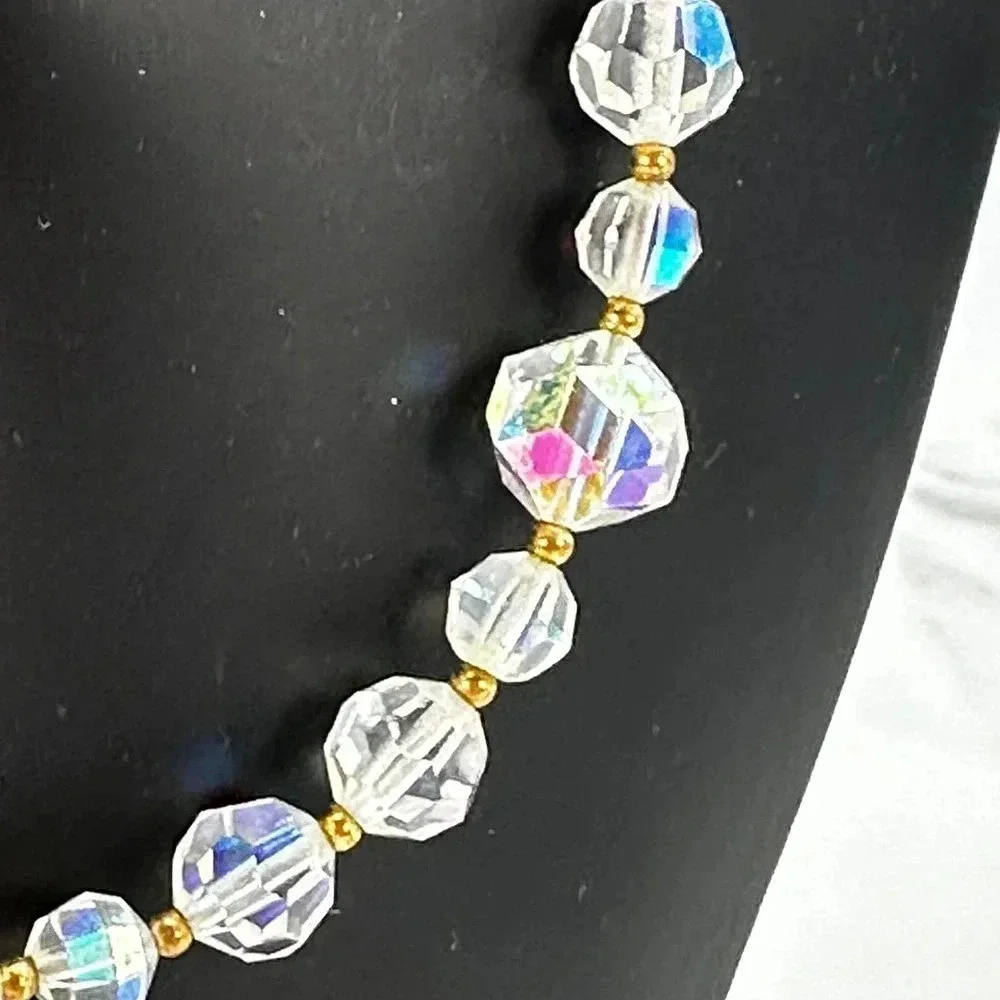 Vintage Crystal Aurora Borealis Necklace  Matching Clip On Earrings Set …